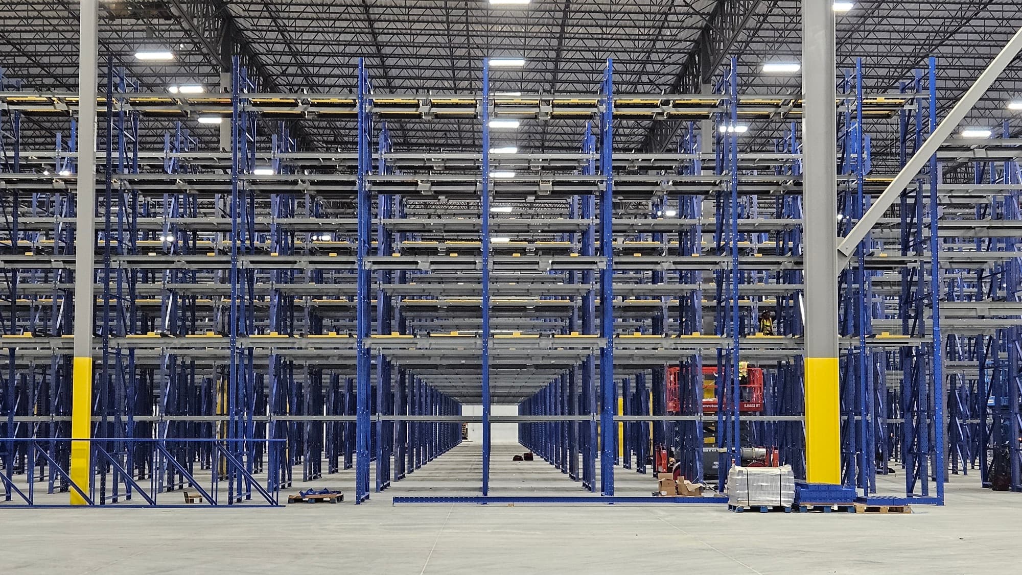 Large blue pallet rack system in a new distribution center